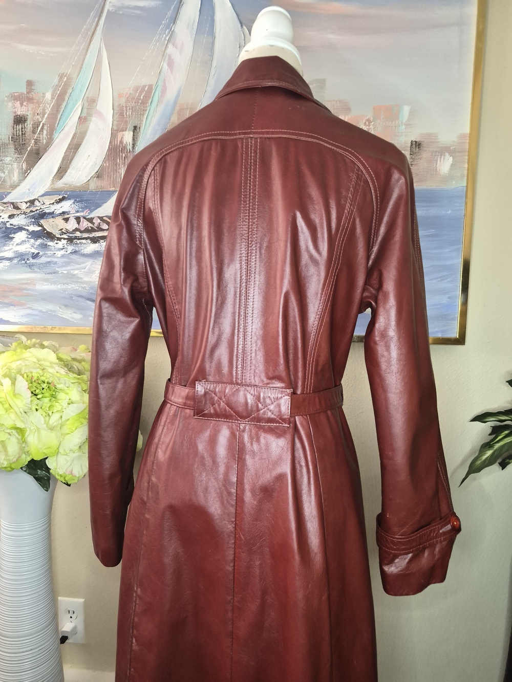 Vintage Red Leather Women's Trench Coat - Picture 7 of 10